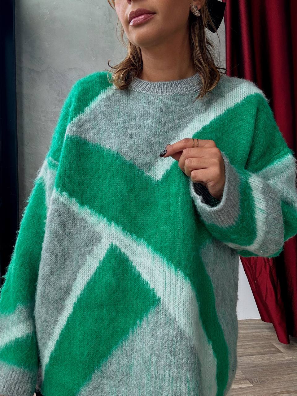 Pull En Maille Oversize Graphique Vert Gris - Fenomen Paris