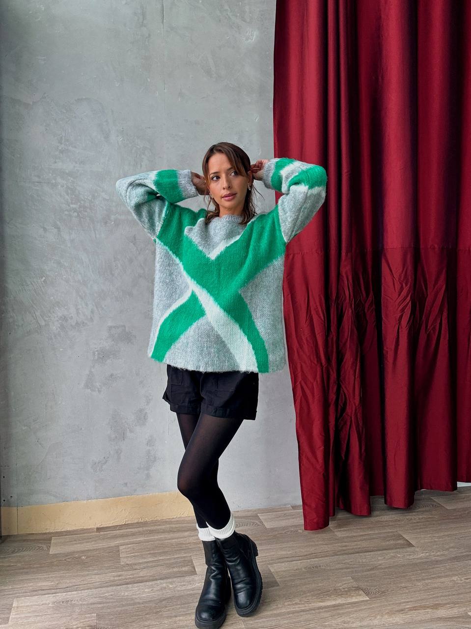 Pull En Maille Oversize Graphique Vert Gris - Fenomen Paris