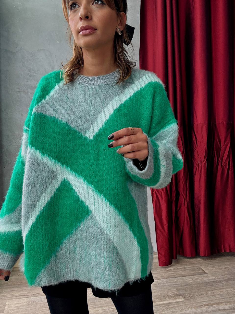 Pull En Maille Oversize Graphique Vert Gris - Fenomen Paris