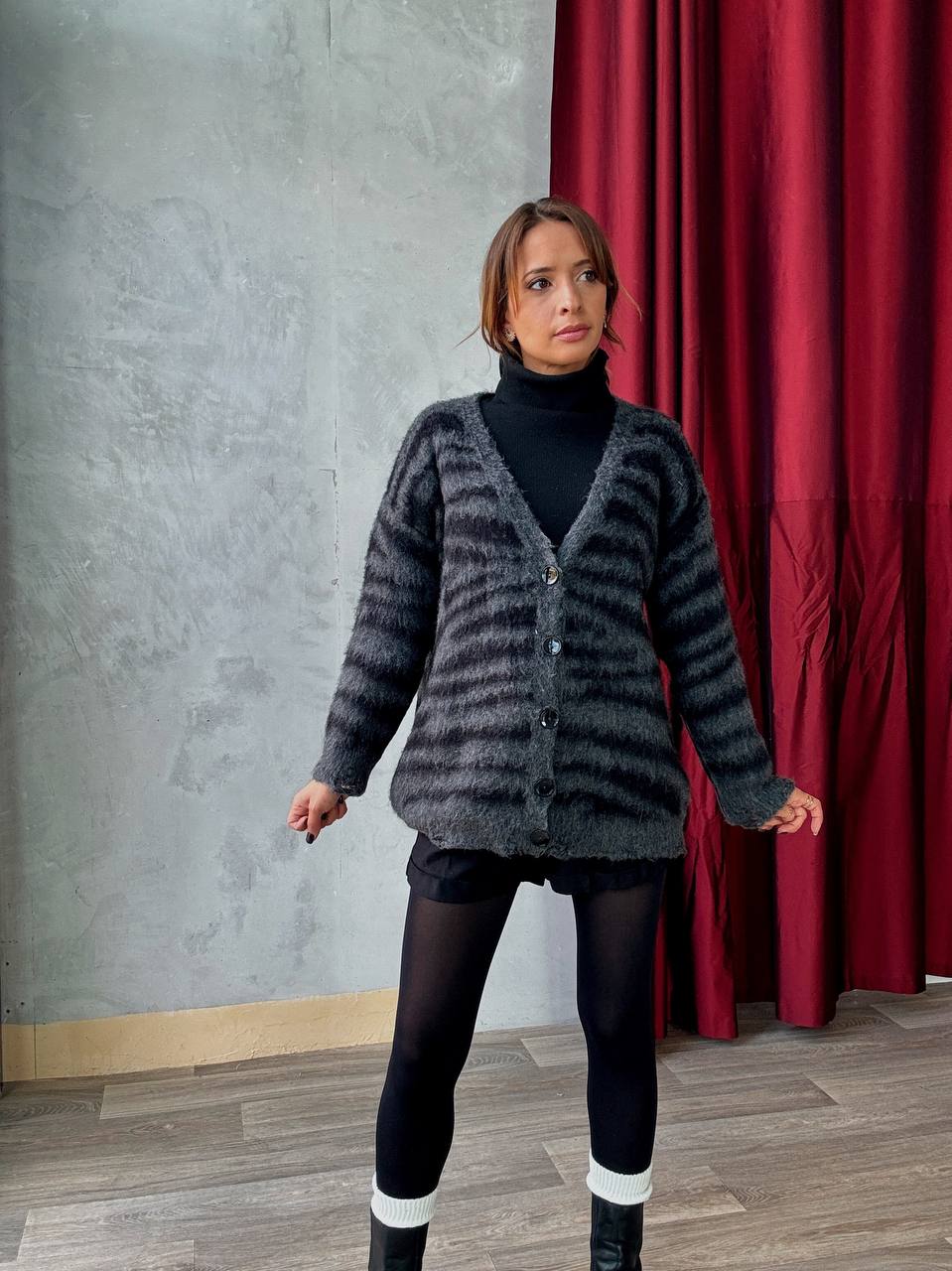 Gilet Boutonné Motif Zébré En Maille - Manches Longues - Col V - Fenomen Paris