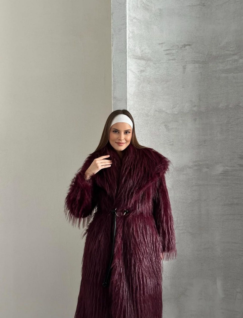 Manteau Long en Fausse Fourrure –Oversize - Bordeaux