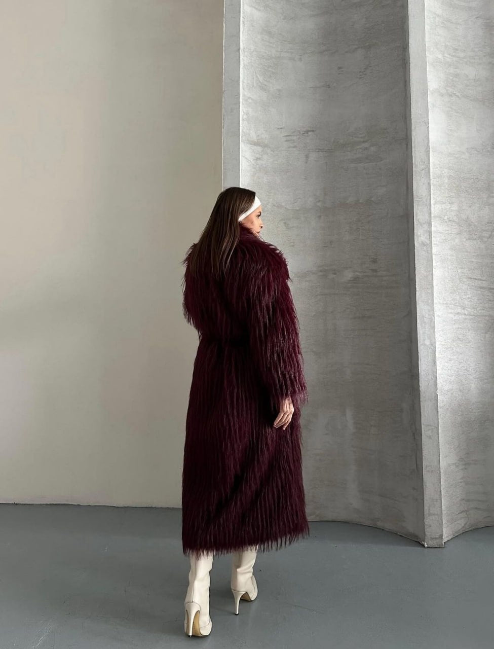 Manteau Long en Fausse Fourrure –Oversize - Bordeaux