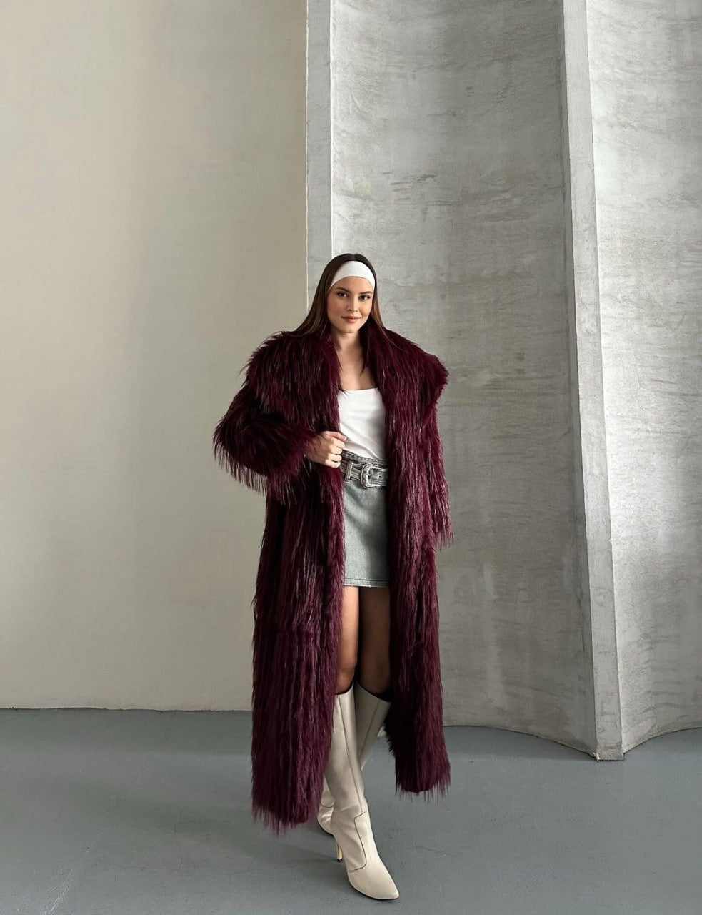 Manteau Long en Fausse Fourrure –Oversize - Bordeaux