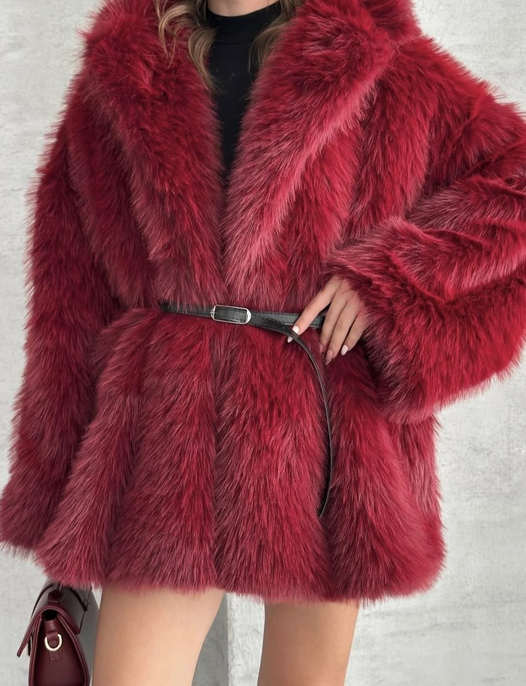 Manteau Fausse Fourrure Avec Ceinture - Poches – Bordeaux - Fenomen Paris