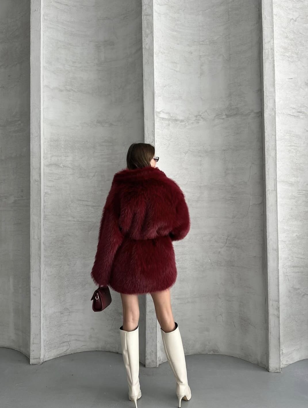Manteau Fausse Fourrure Avec Ceinture - Poches – Bordeaux - Fenomen Paris