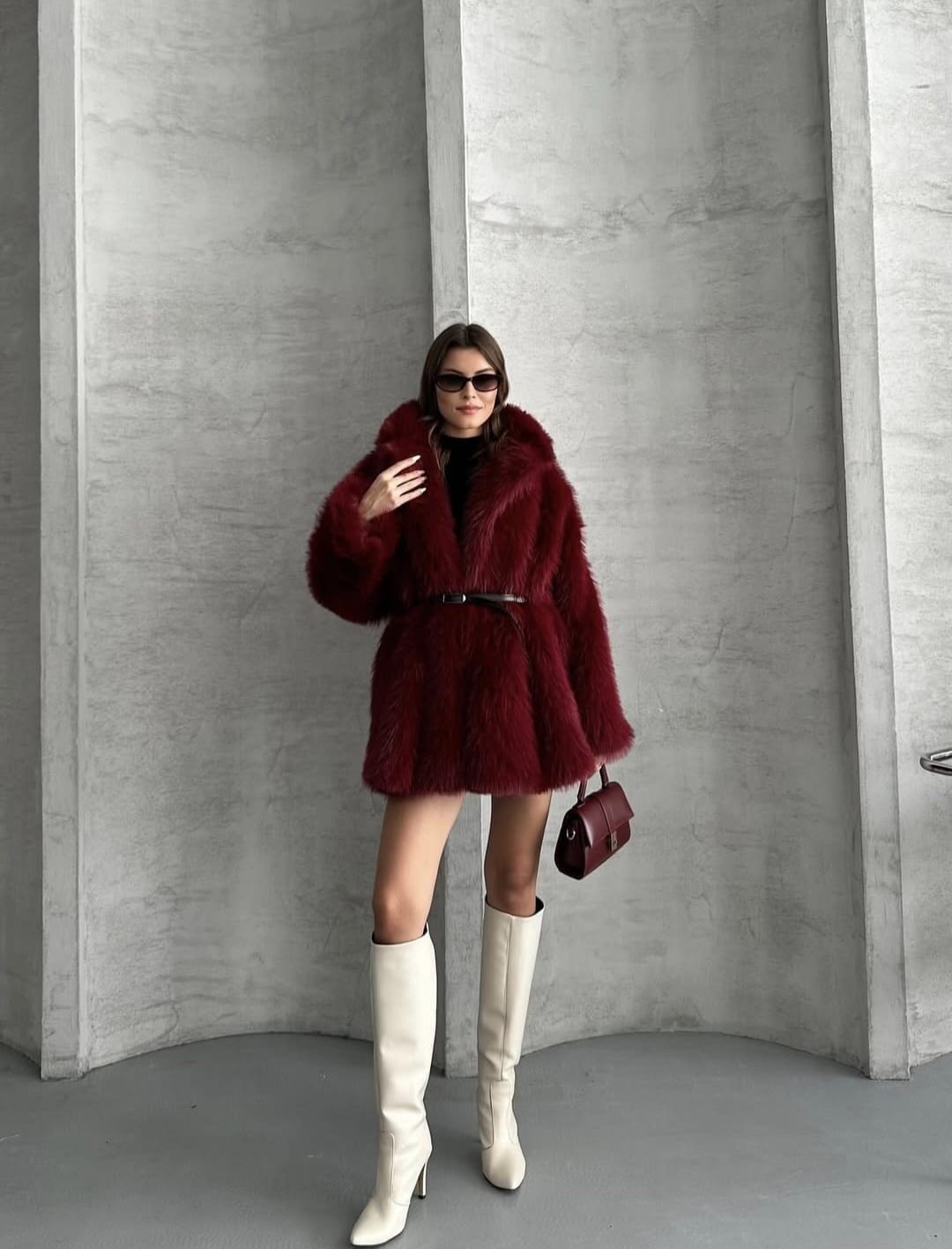 Manteau Fausse Fourrure Avec Ceinture - Poches – Bordeaux - Fenomen Paris