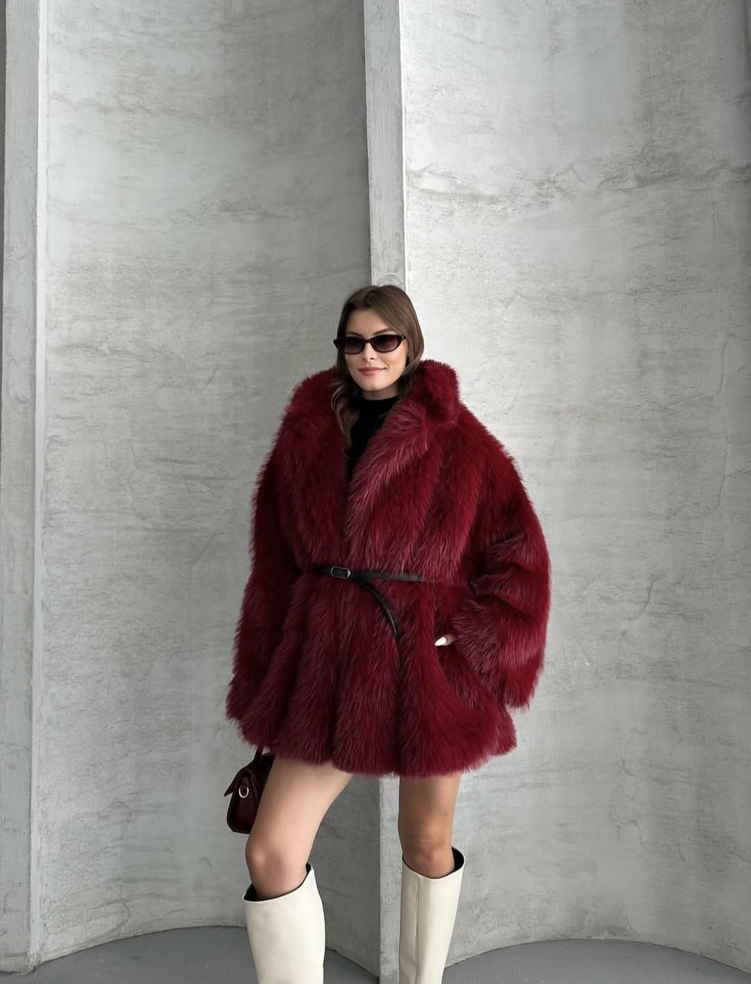 Manteau Fausse Fourrure Avec Ceinture - Poches – Bordeaux - Fenomen Paris