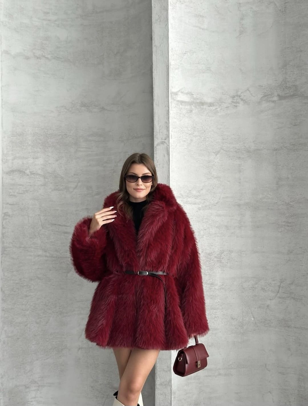 Manteau Fausse Fourrure Avec Ceinture - Poches – Bordeaux - Fenomen Paris