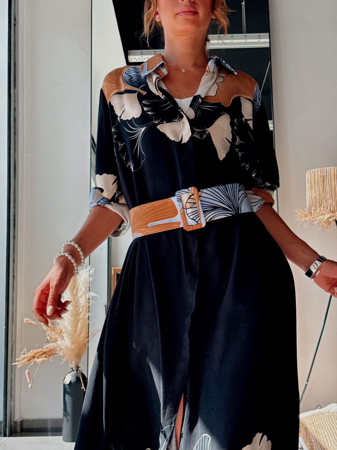 Robe chemise longue avec ceinture et poches - Noir ou Rose