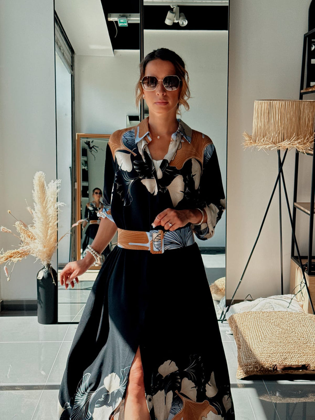 Robe chemise longue avec ceinture et poches - Noir ou Rose