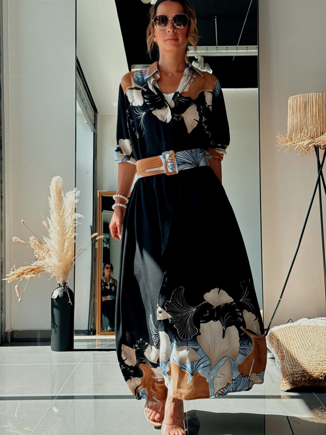 Robe chemise longue avec ceinture et poches - Noir ou Rose