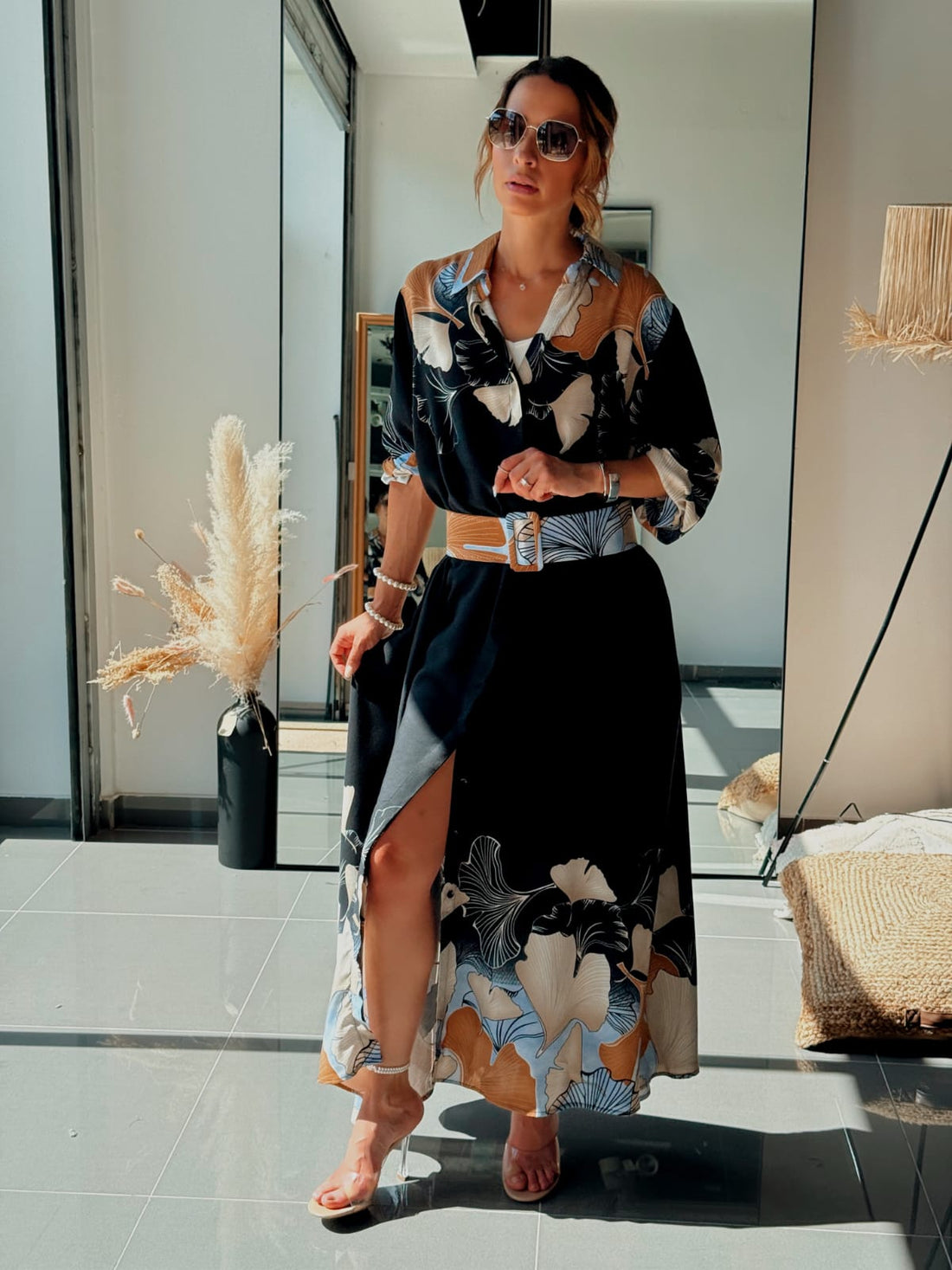 Robe chemise longue avec ceinture et poches - Noir ou Rose