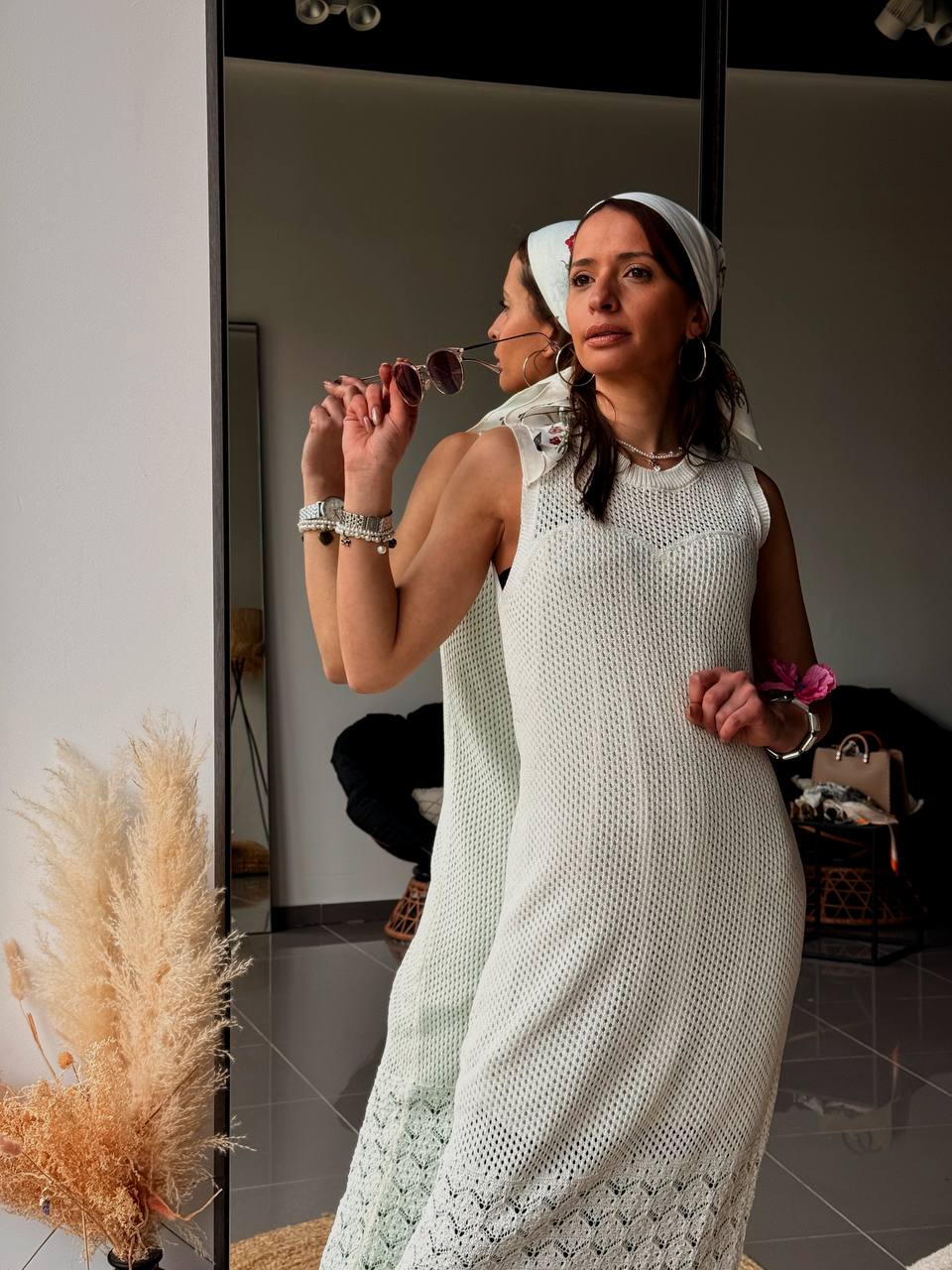 Robe en maille blanche à col rond été – Robe plage bohème chic femme - Fenomen Paris