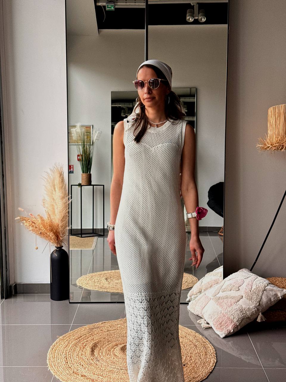 Robe en maille blanche à col rond été – Robe plage bohème chic femme - Fenomen Paris