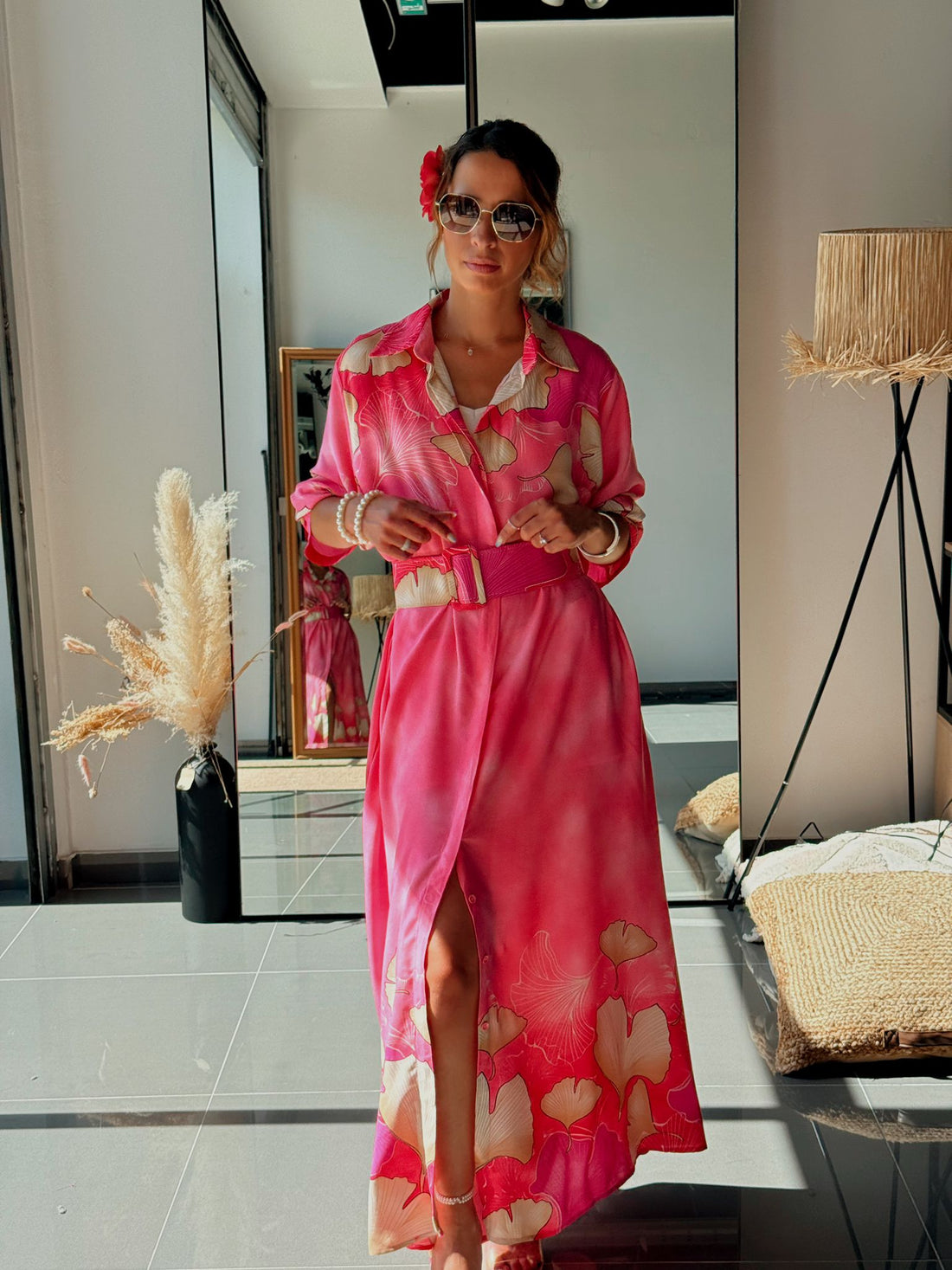 Robe chemise longue avec ceinture et poches - Noir ou Rose