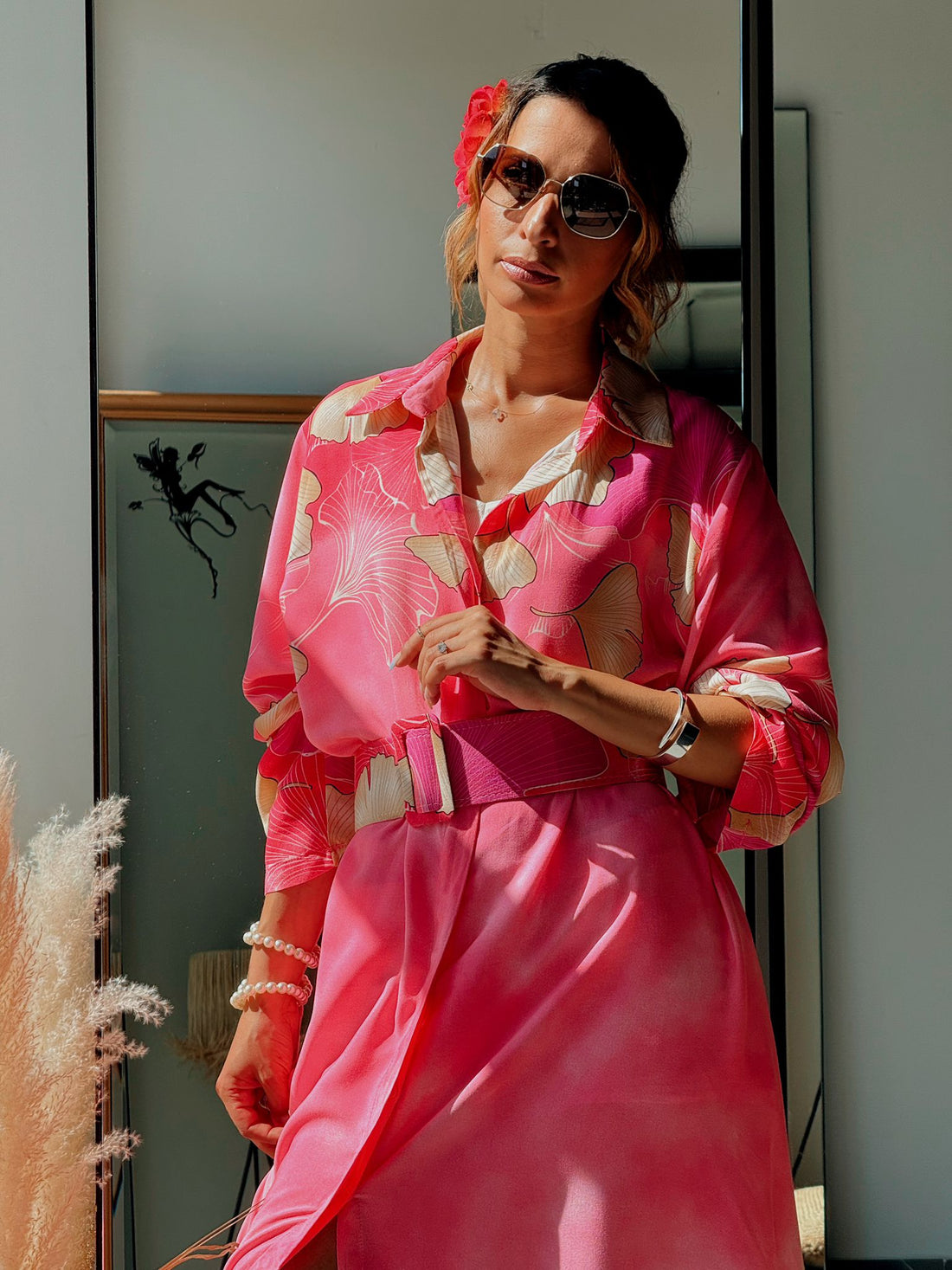 Robe chemise longue avec ceinture et poches - Noir ou Rose