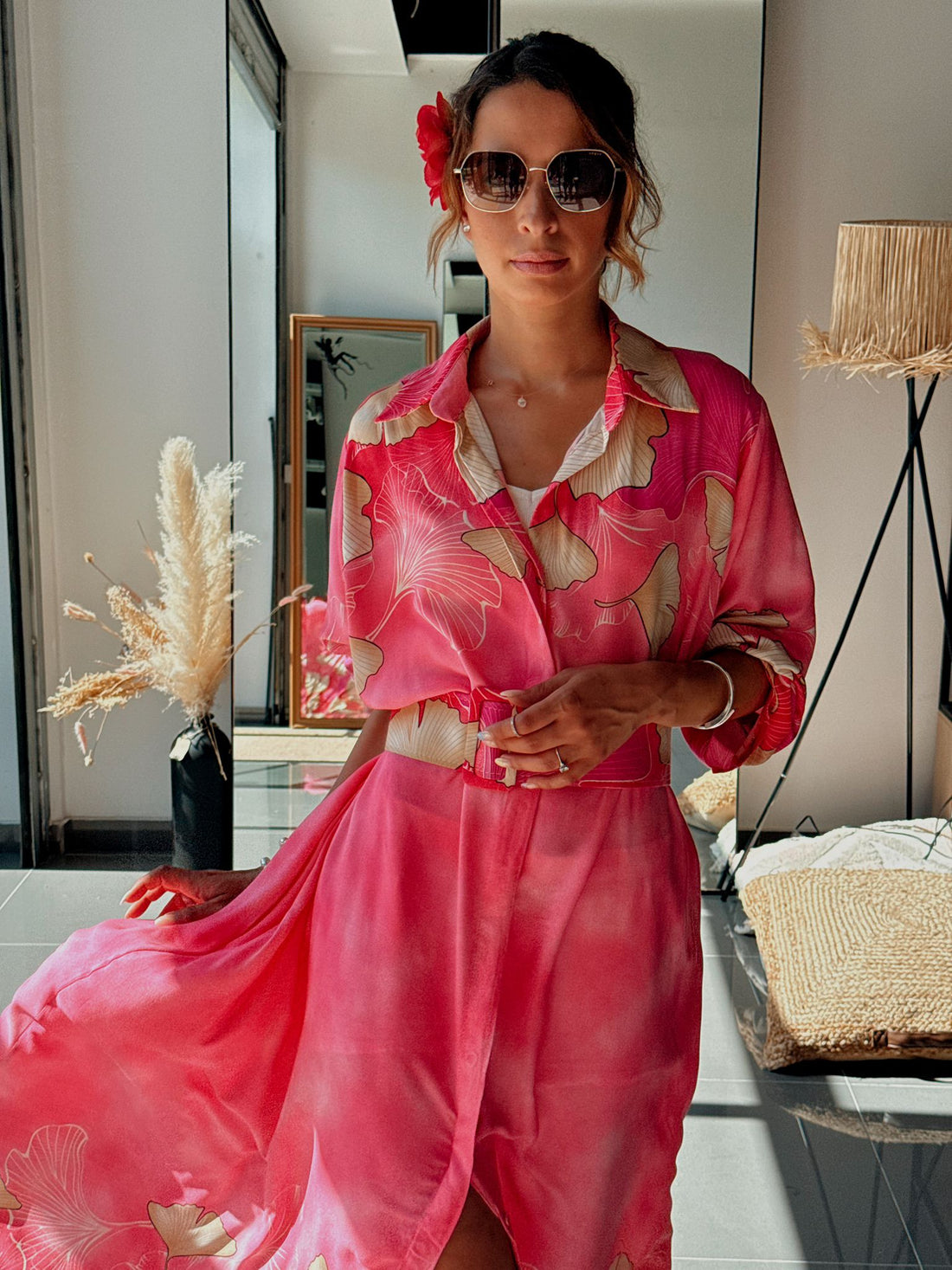 Robe chemise longue avec ceinture et poches - Noir ou Rose