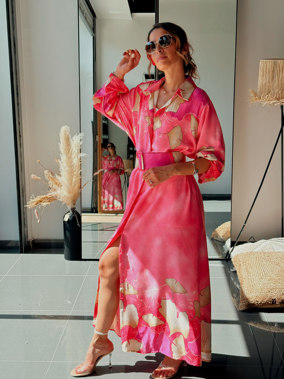 Robe chemise longue avec ceinture et poches - Noir ou Rose