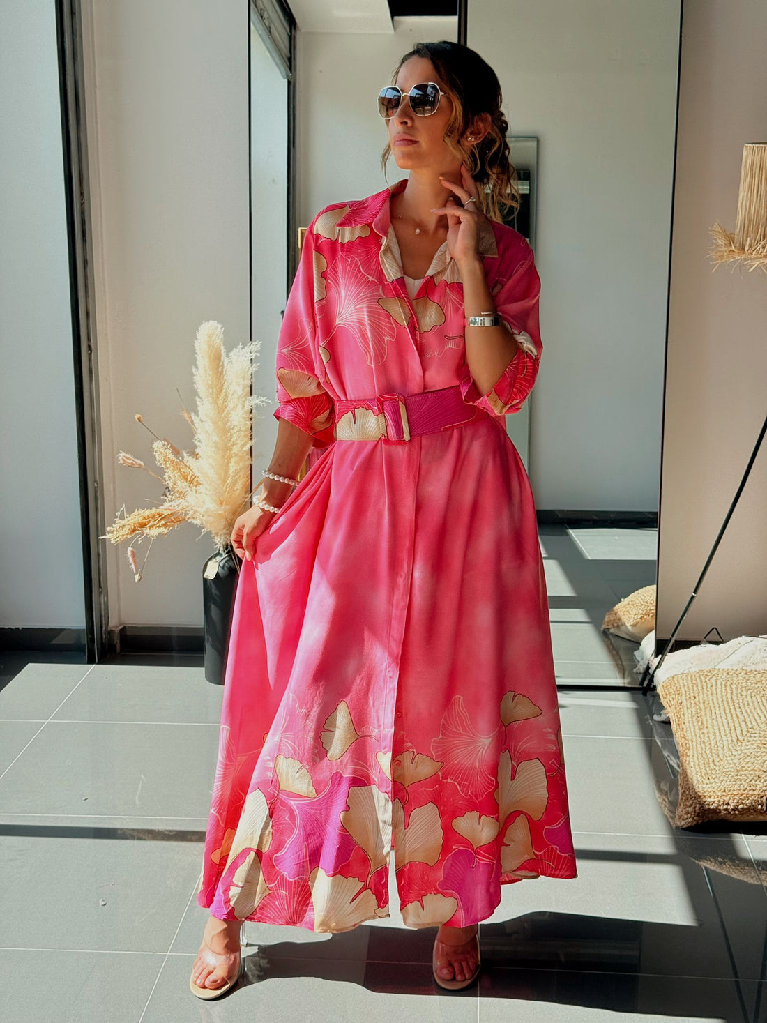 Robe chemise longue avec ceinture et poches - Noir ou Rose