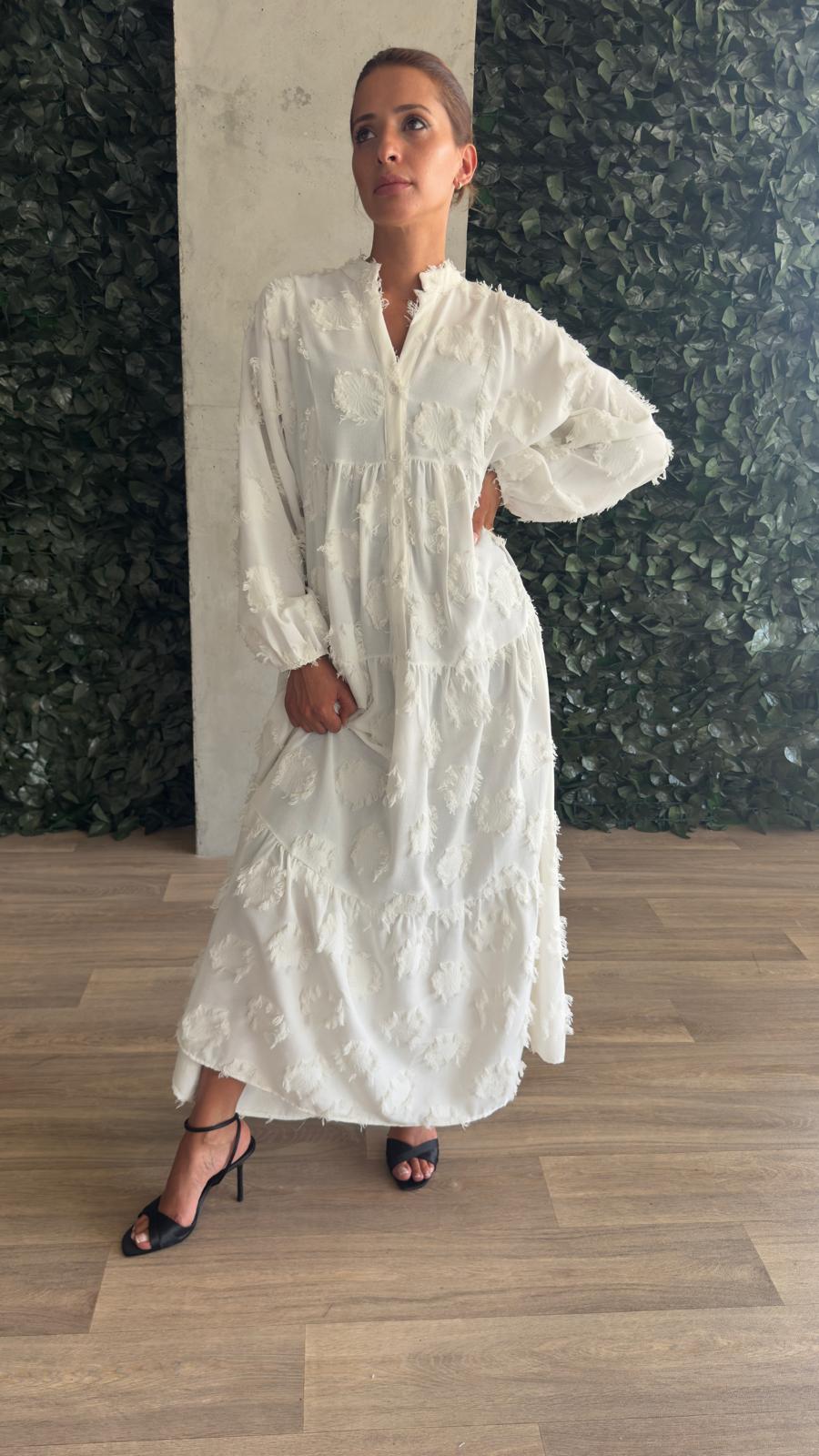 Robe longue bohème blanche à motifs texturés – coton - Fenomen Paris