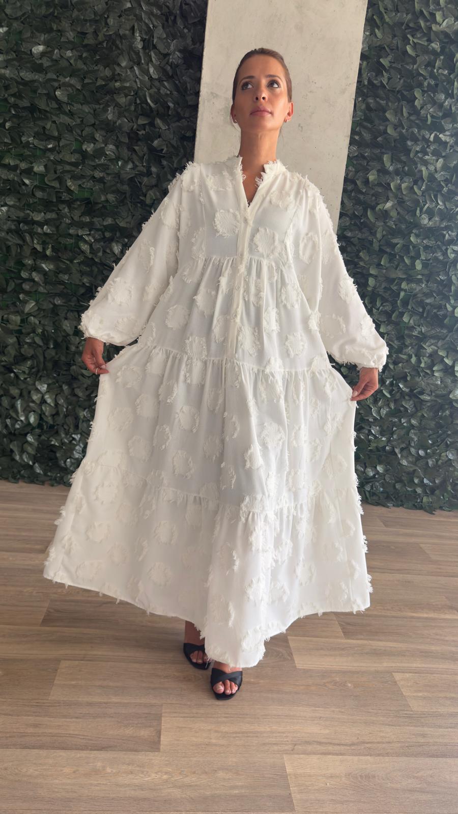Robe longue bohème blanche à motifs texturés – coton - Fenomen Paris