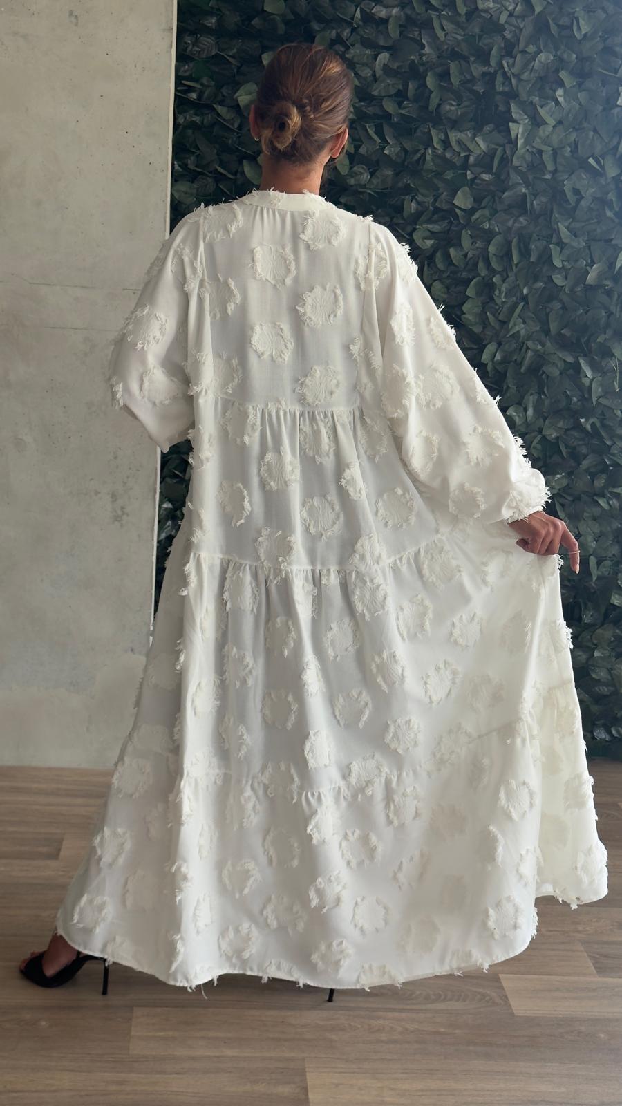 Robe longue bohème blanche à motifs texturés – coton - Fenomen Paris