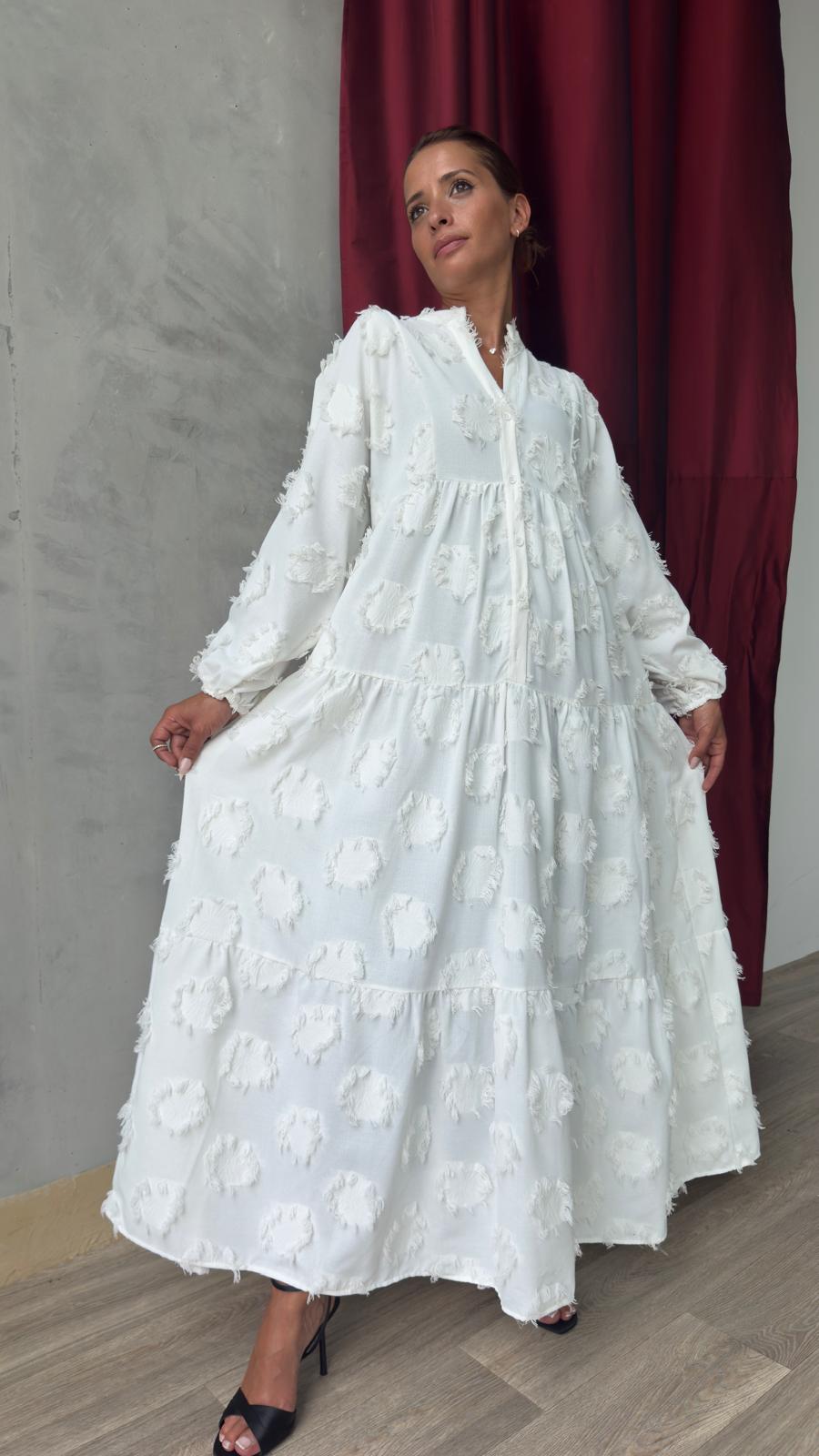 Robe longue bohème blanche à motifs texturés – coton - Fenomen Paris