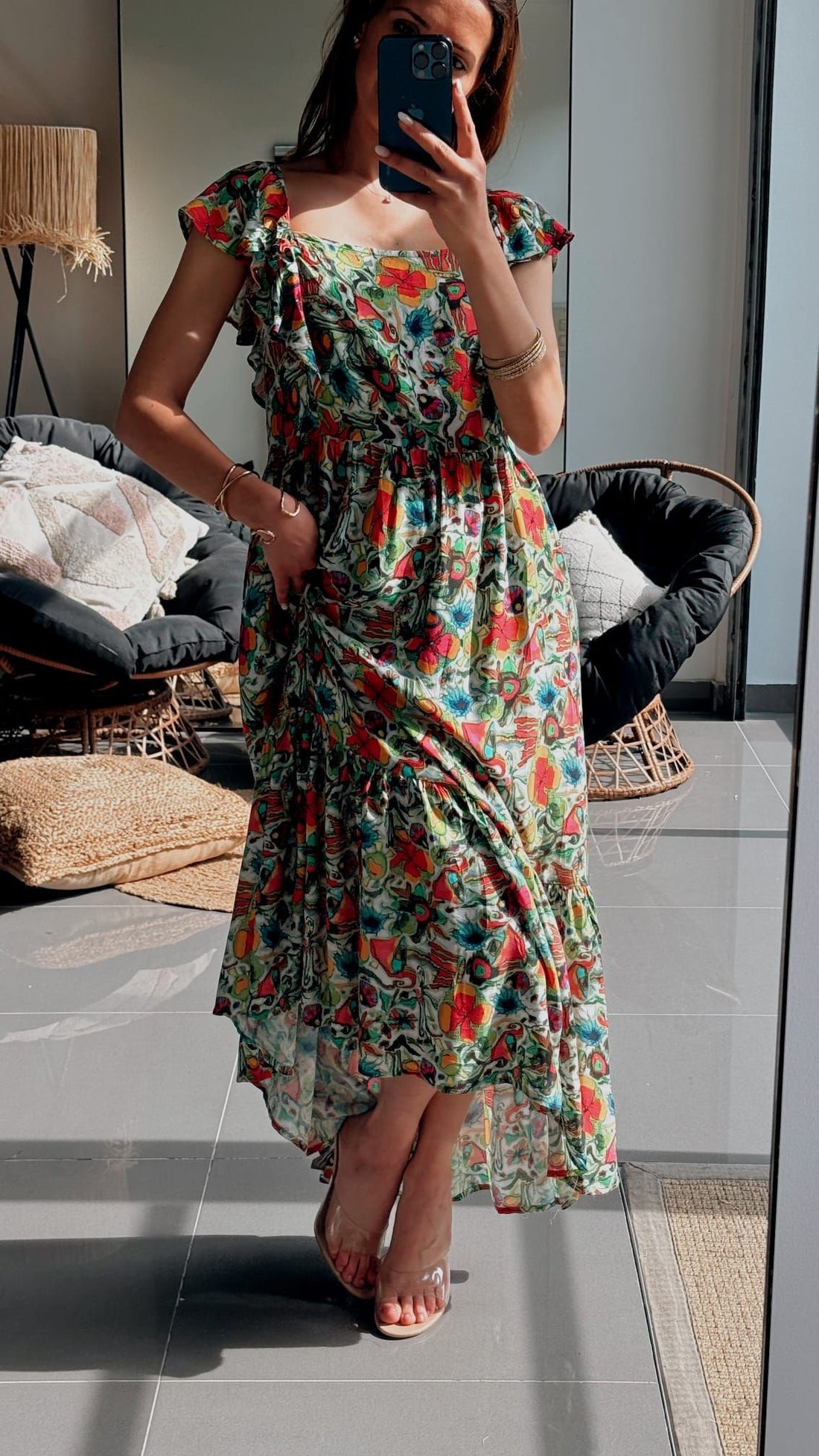 Robe longue bohème fleurie – manches volantées et coupe fluide - AEL073-000-VT - Fenomen Paris