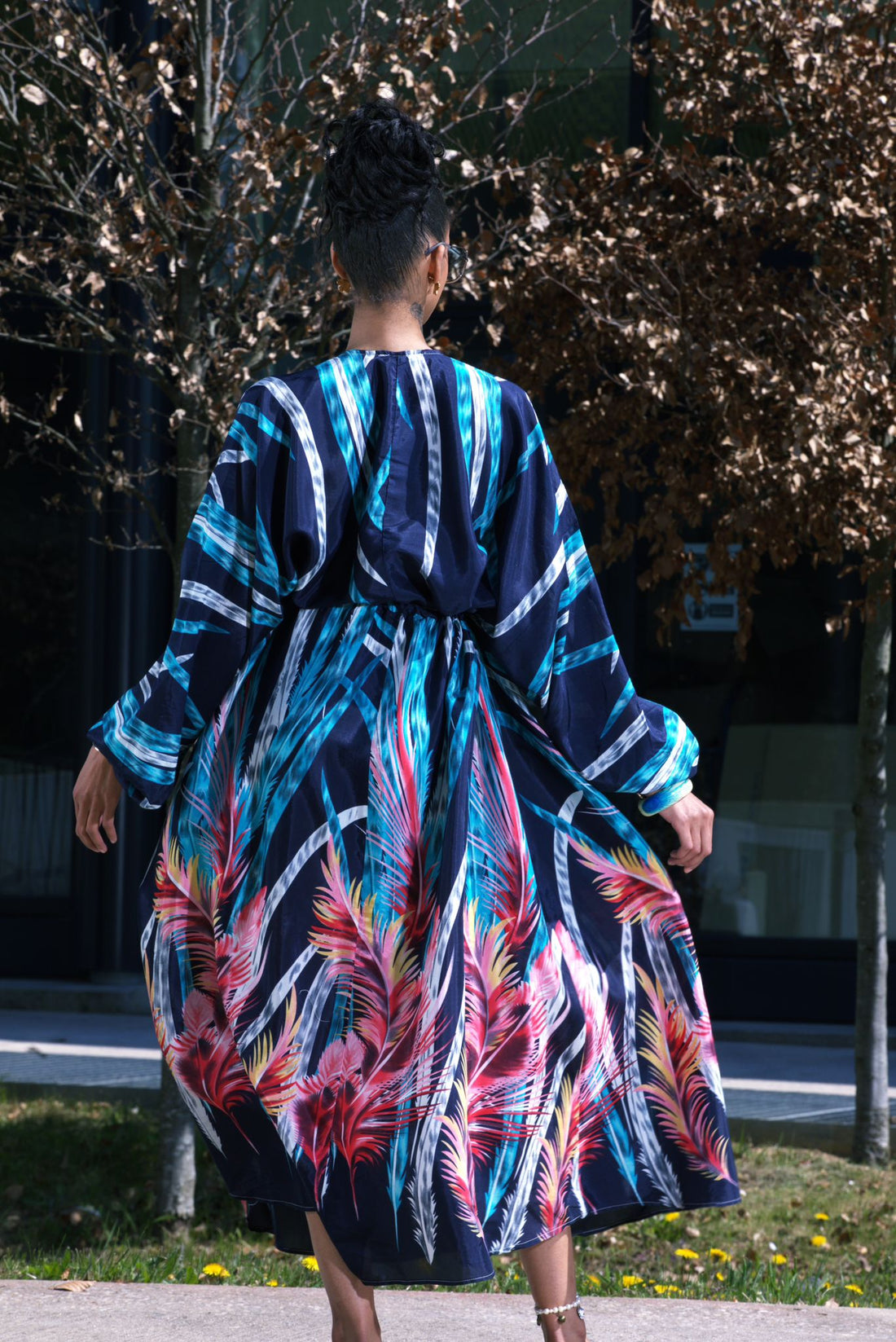 Robe longue kimono à imprimé tropical bleu et corail - AEL001-000-BL - Fenomen Paris