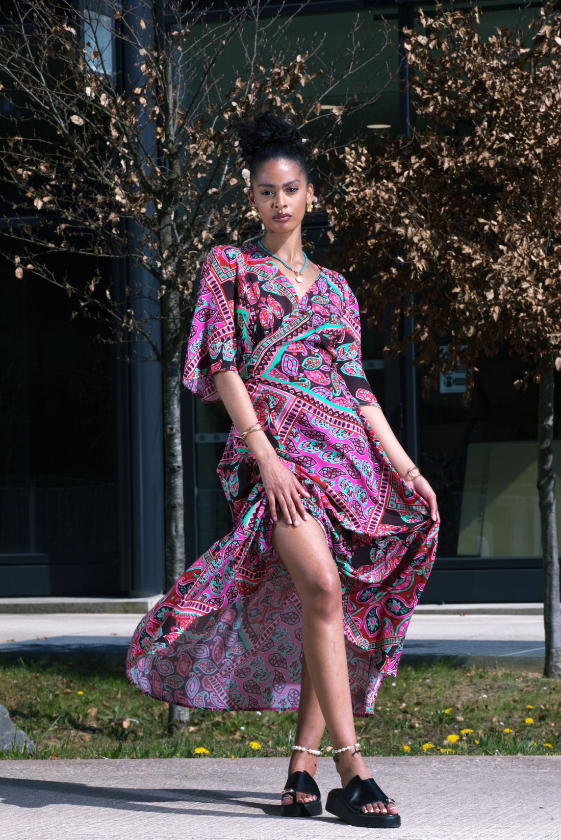 Robe longue bohème rose et turquoise à imprimé cachemire - AEL073-000-VI - Fenomen Paris