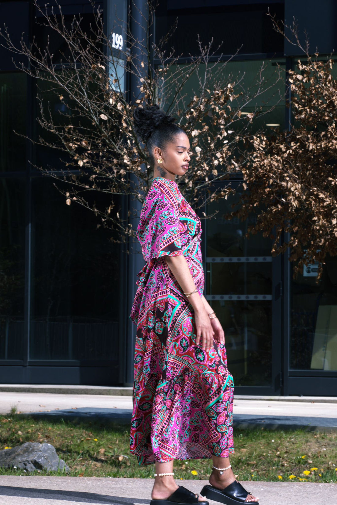 Robe longue bohème rose et turquoise à imprimé cachemire - AEL073-000-VI - Fenomen Paris