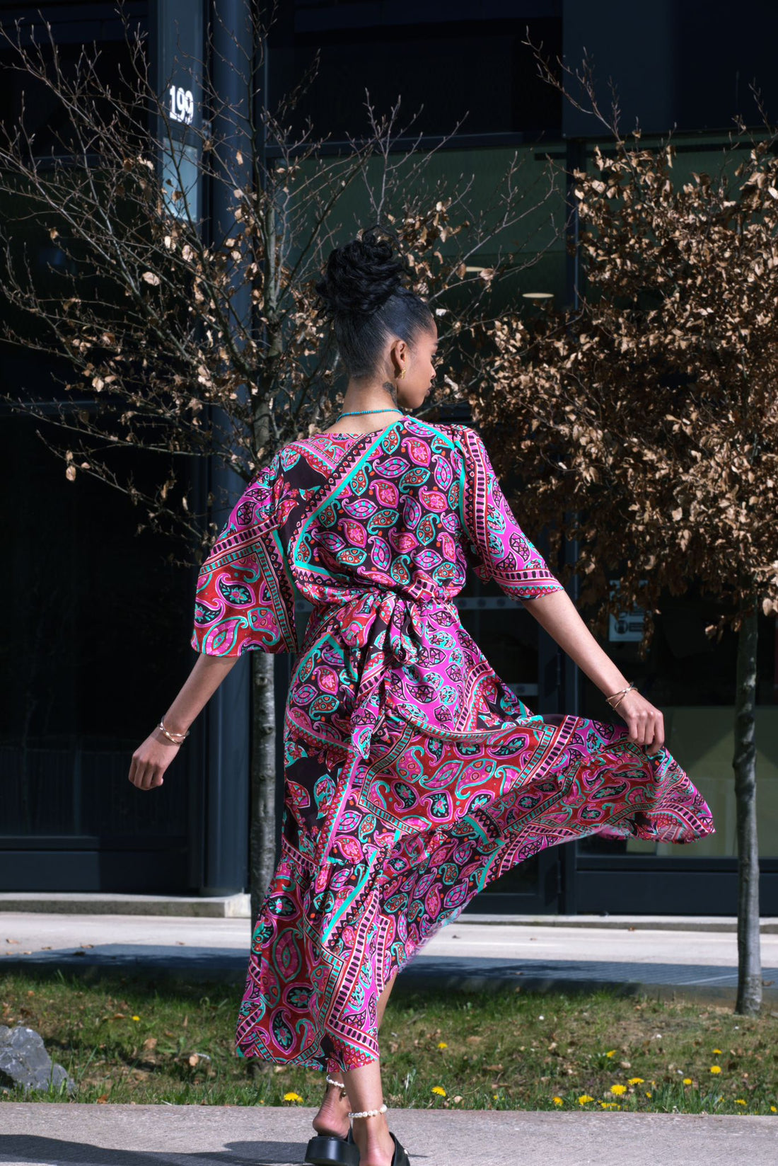 Robe longue bohème rose et turquoise à imprimé cachemire - AEL073-000-VI - Fenomen Paris