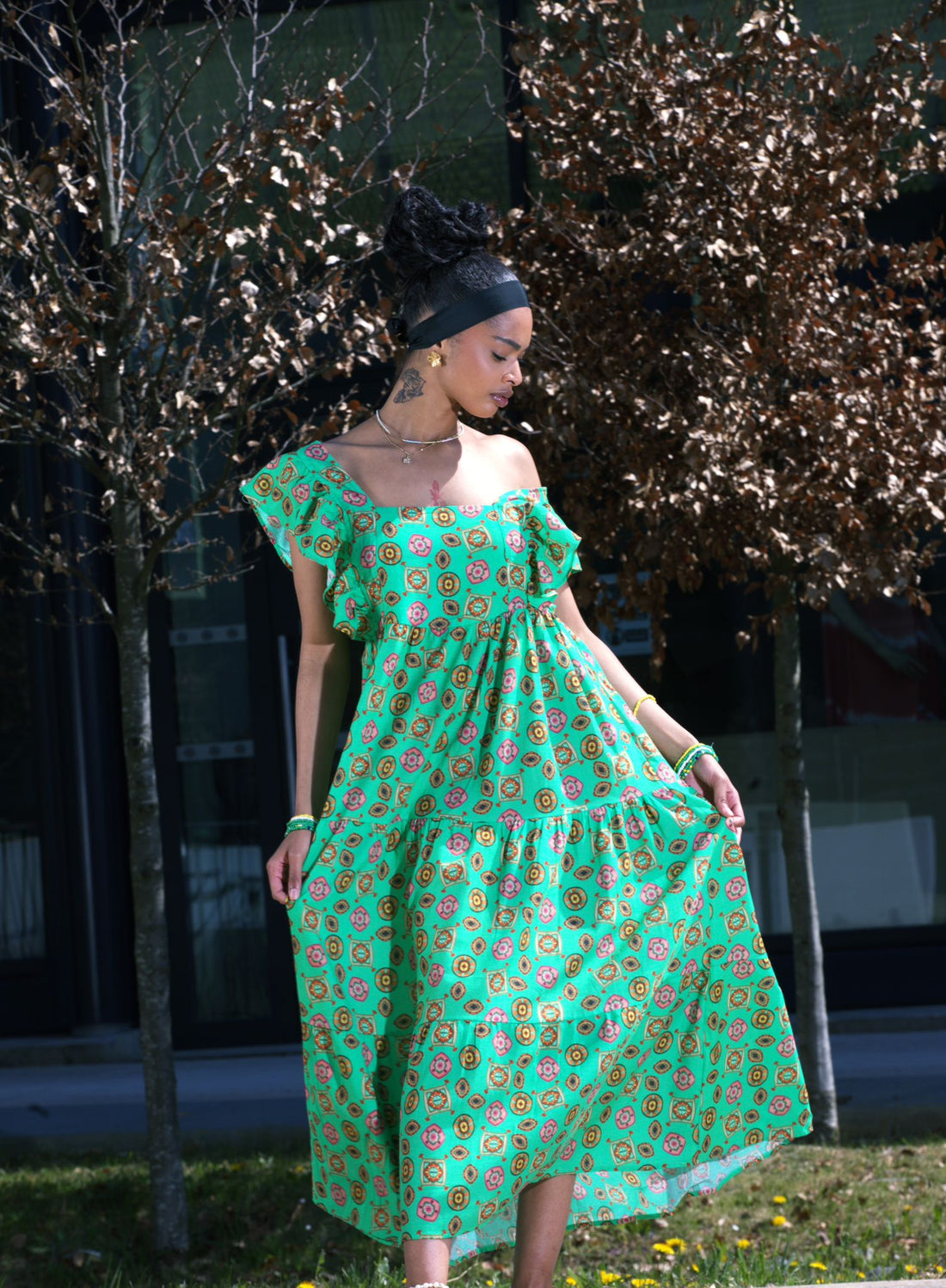 Robe longue bohème verte à imprimé rétro - AEL200-000-VT - Fenomen Paris