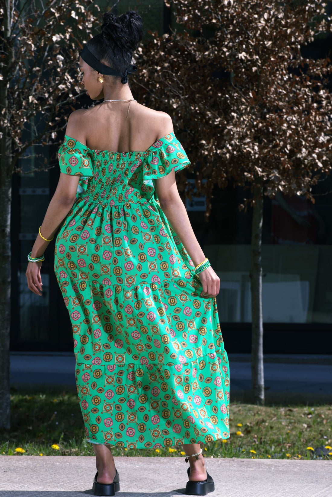 Robe longue bohème verte à imprimé rétro - AEL200-000-VT - Fenomen Paris