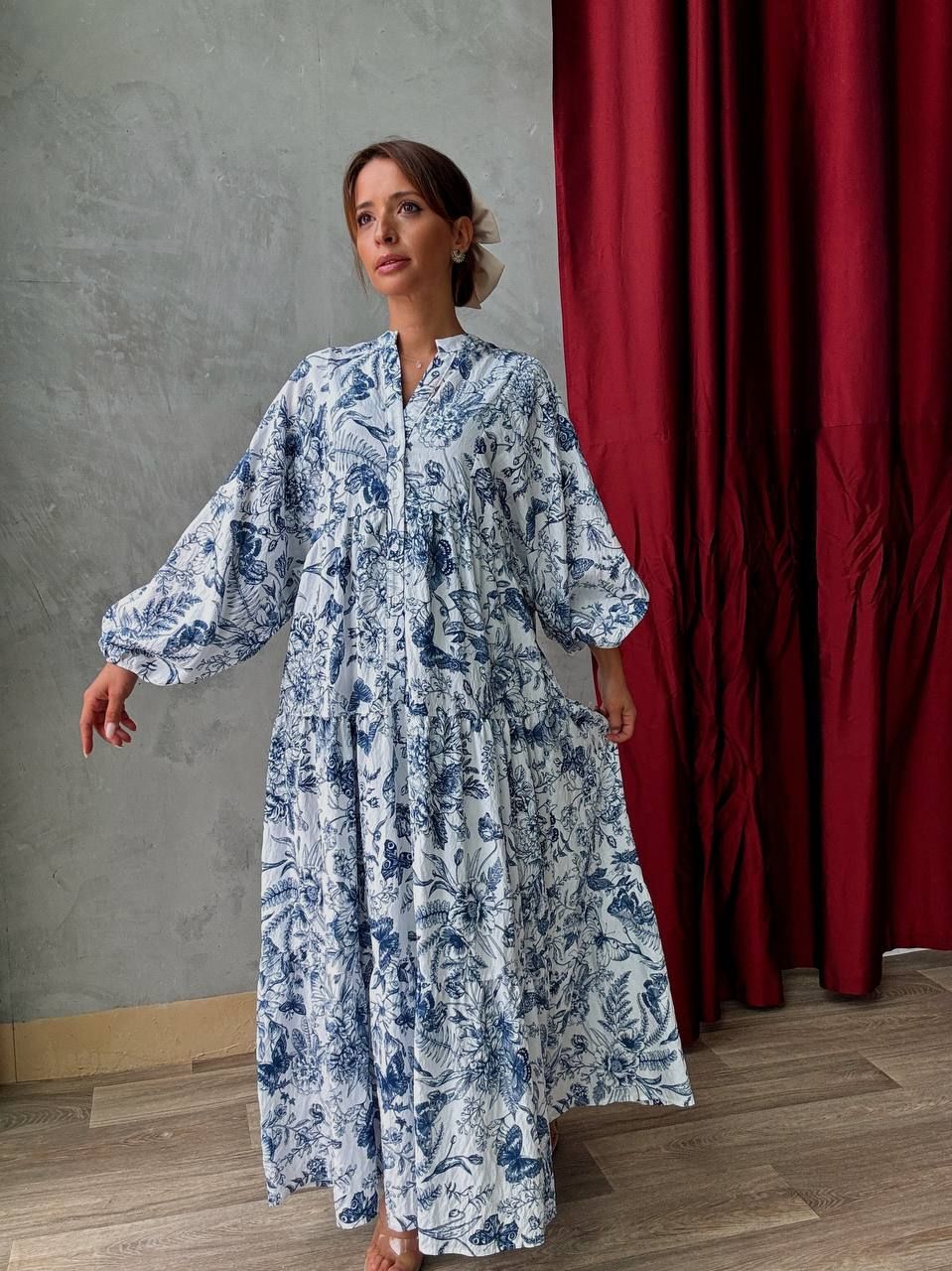 Robe longue blanche à imprimé bleu fleuri - AEL001-587-BB - Fenomen Paris
