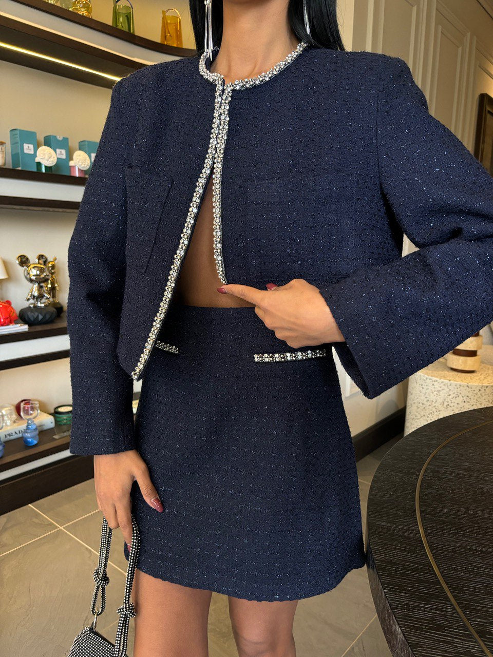 Ensemble Tailleur Veste & Mini Jupe Assortie Pailletté et Strass - Fenomen Paris