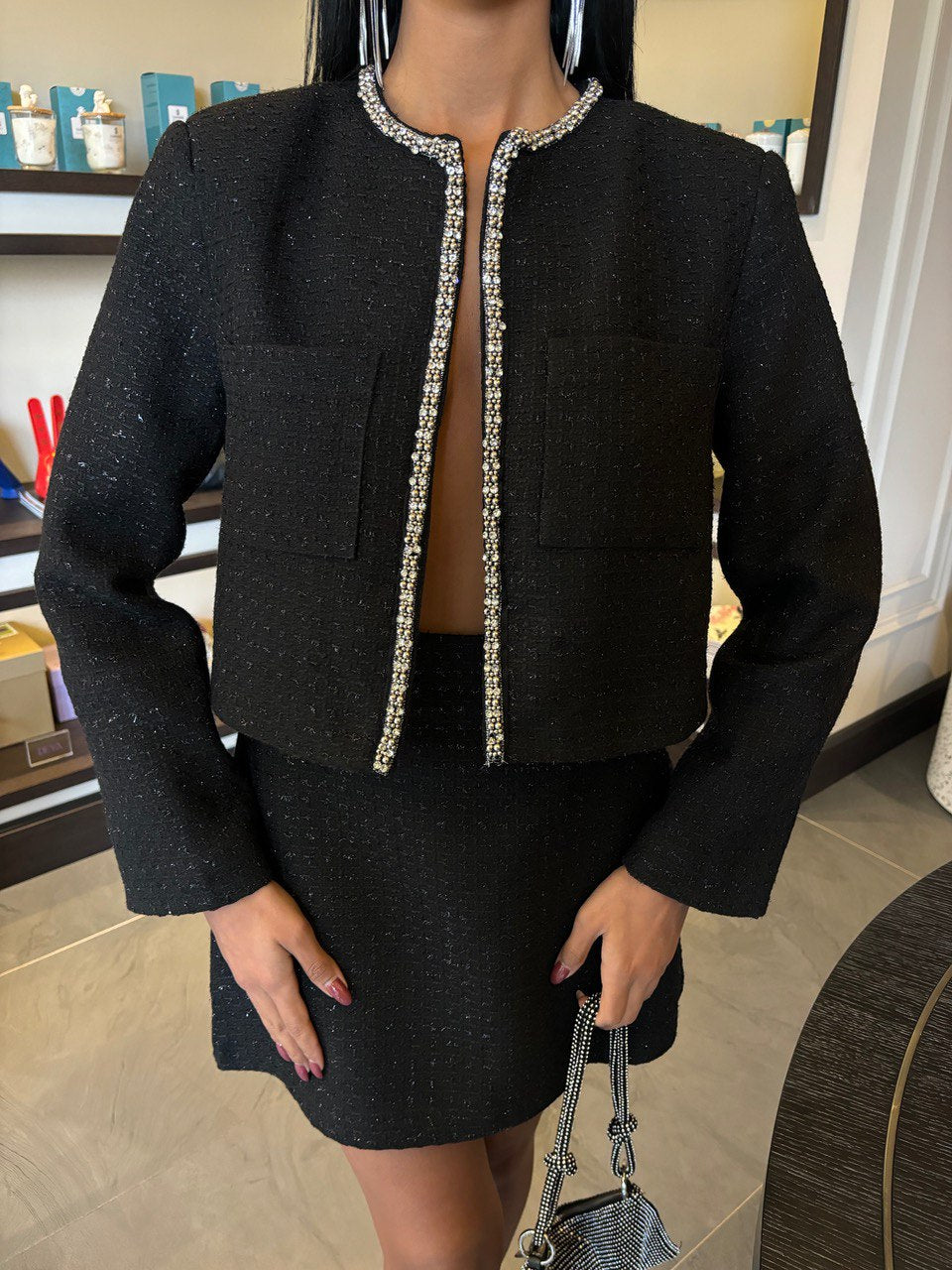 Ensemble Tailleur Veste & Mini Jupe Assortie Pailletté et Strass - Fenomen Paris