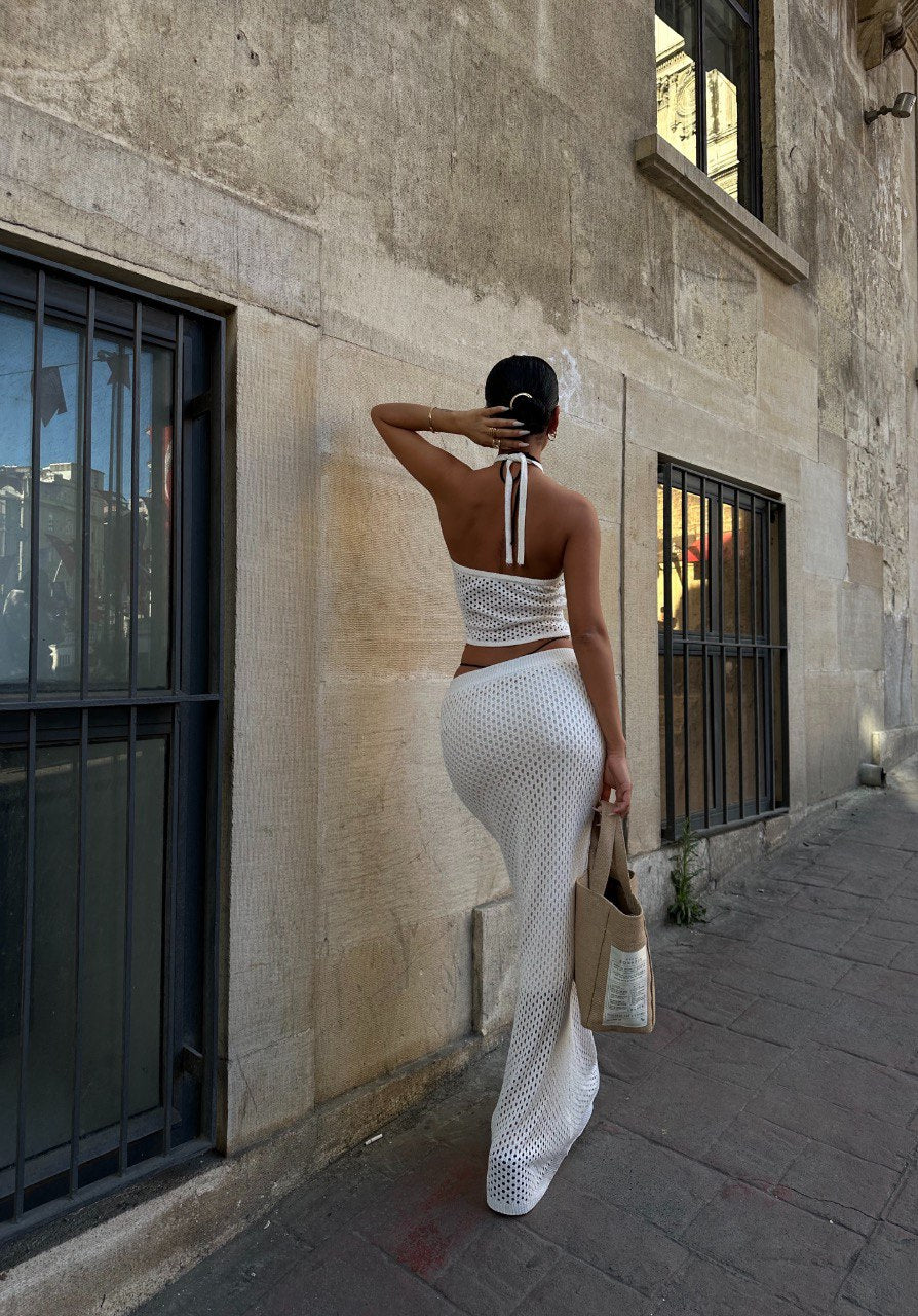 Ensemble Jupe Longue en Maille Blanc pour Plage - Fenomen Paris