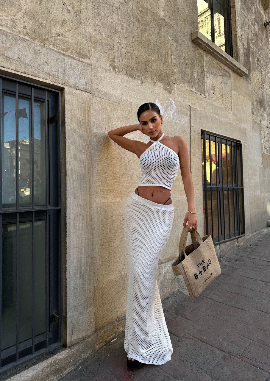 Ensemble Jupe Longue en Maille Blanc pour Plage - Fenomen Paris