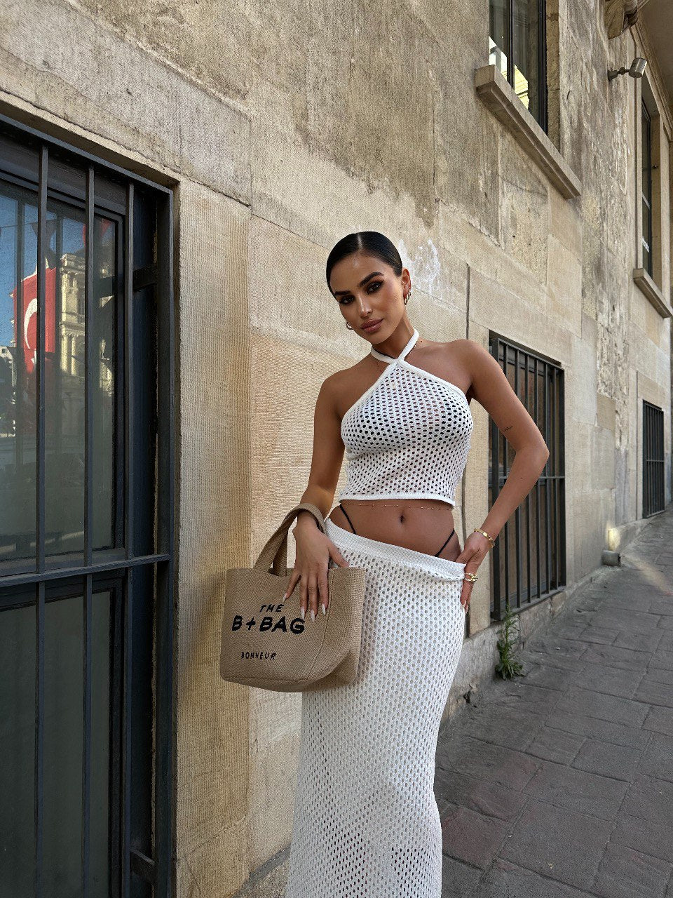 Ensemble Jupe Longue en Maille Blanc pour Plage - Fenomen Paris