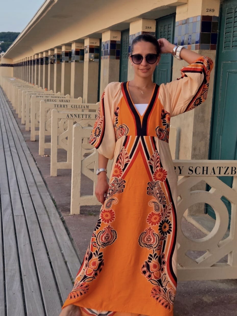 Robe longue bohème imprimée orange – Fluide & lumineuse - Fenomen Paris