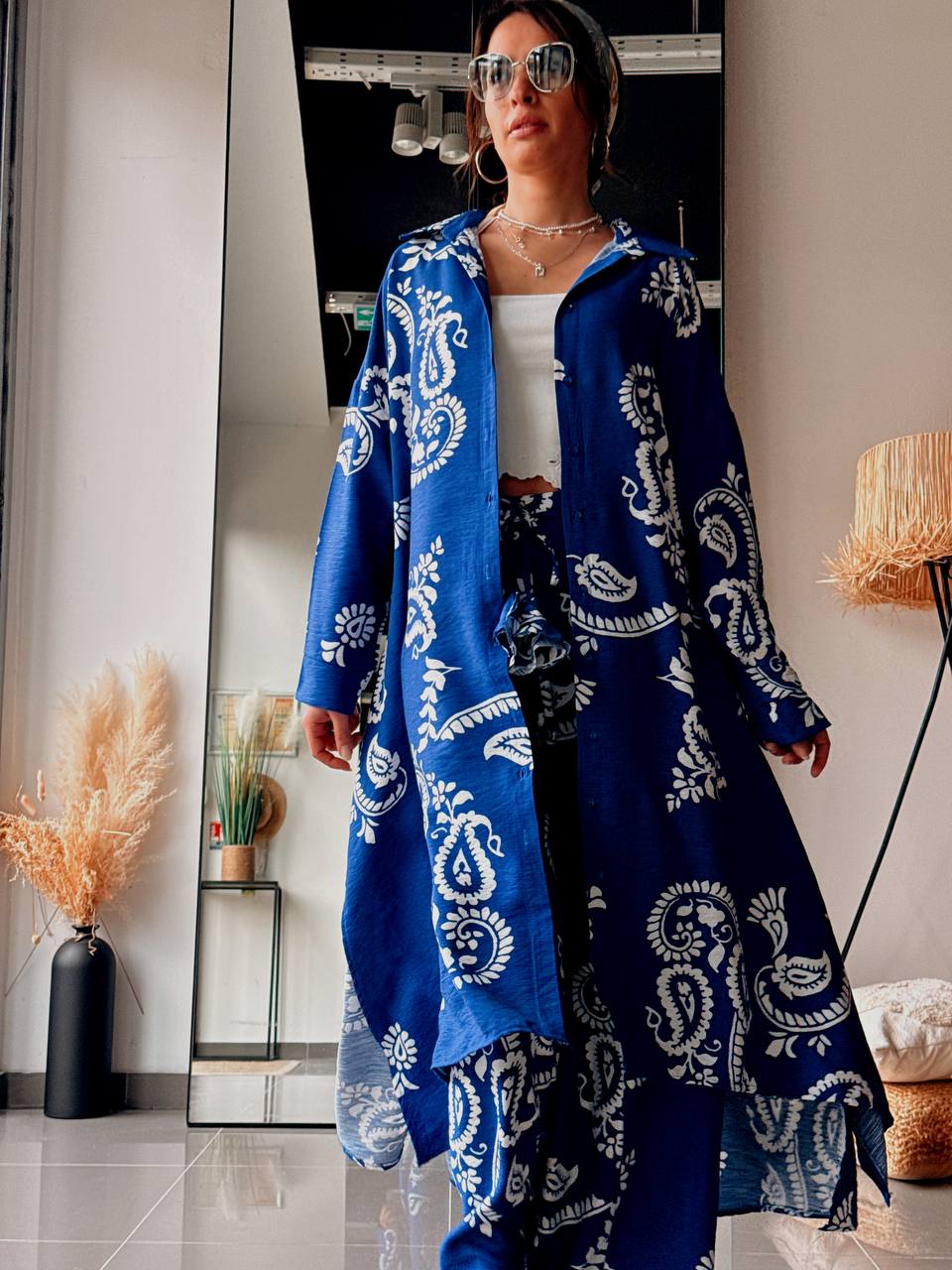 Ensemble Bohème Chic Chemise Longue & Pantalon – Bleu Imprimé - Fenomen Paris