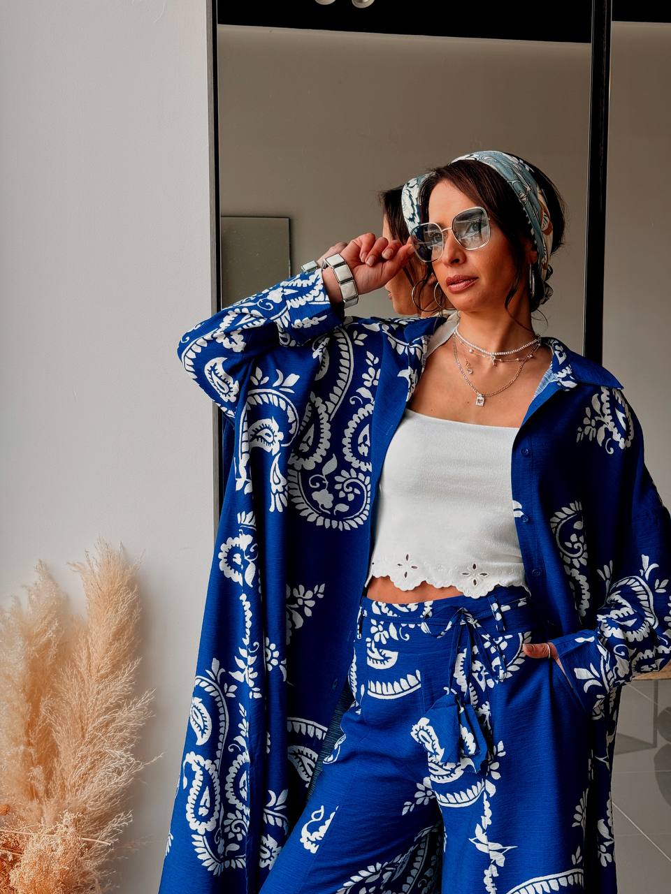 Ensemble Bohème Chic Chemise Longue & Pantalon – Bleu Imprimé - Fenomen Paris