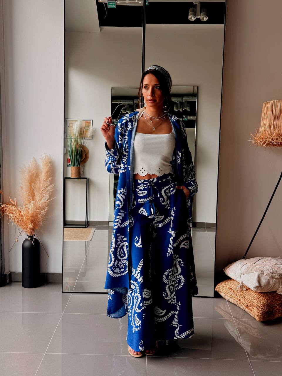 Ensemble Bohème Chic Chemise Longue & Pantalon – Bleu Imprimé - Fenomen Paris