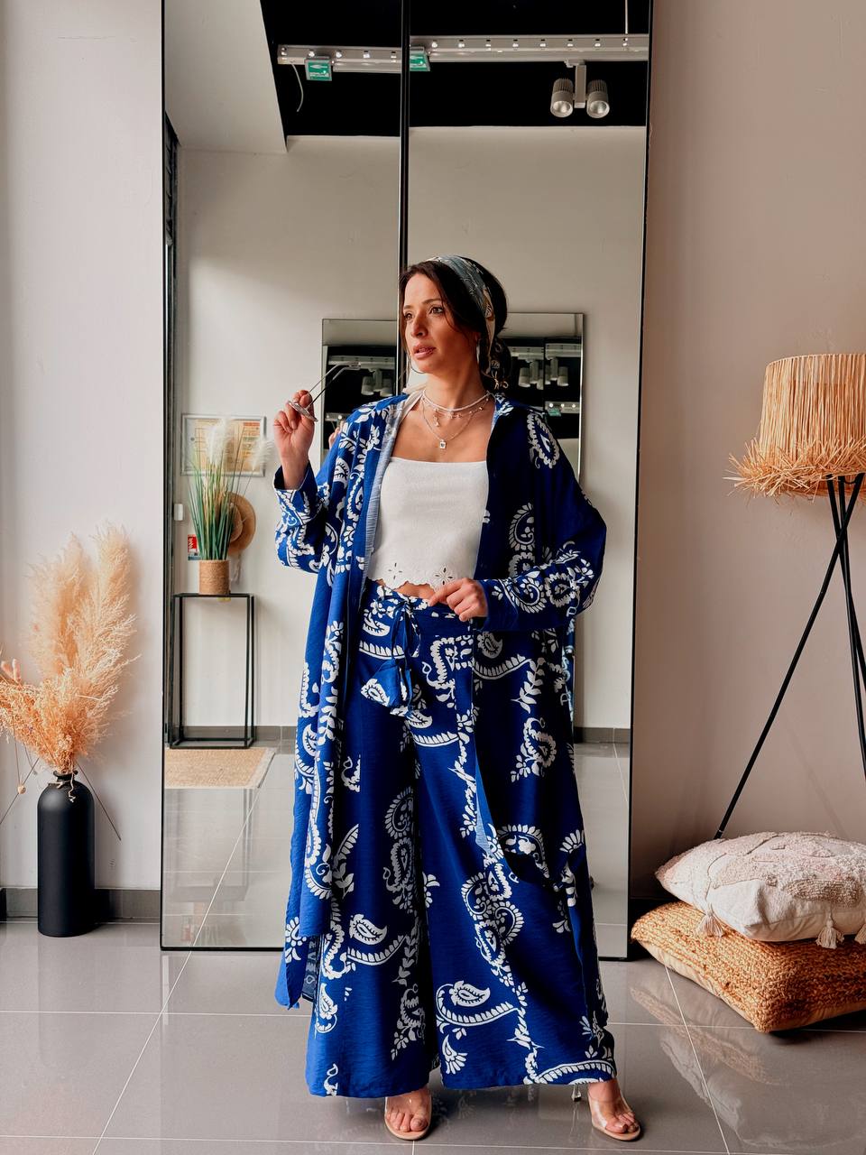 Ensemble Bohème Chic Chemise Longue & Pantalon – Bleu Imprimé - Fenomen Paris