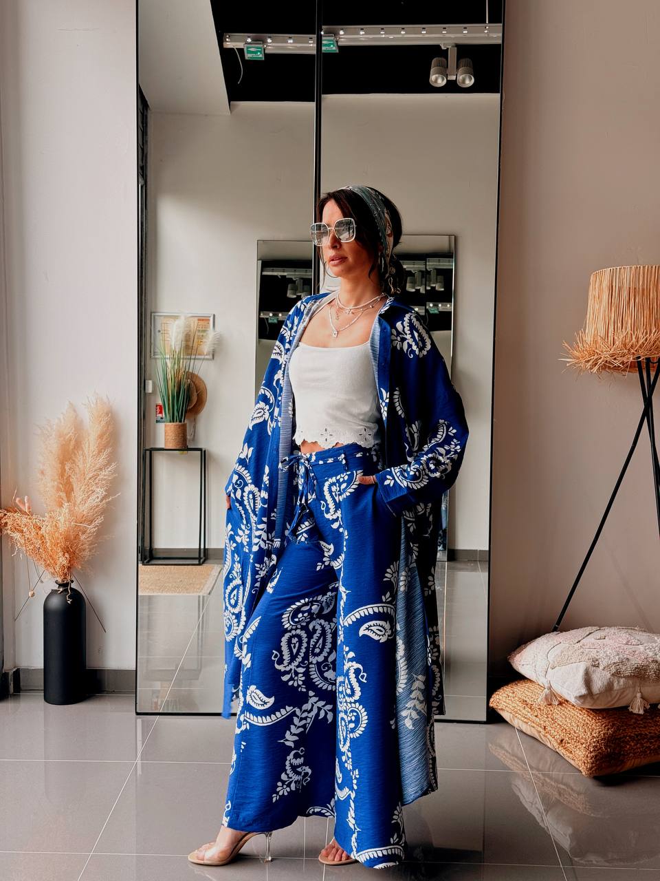 Ensemble Bohème Chic Chemise Longue & Pantalon – Bleu Imprimé - Fenomen Paris