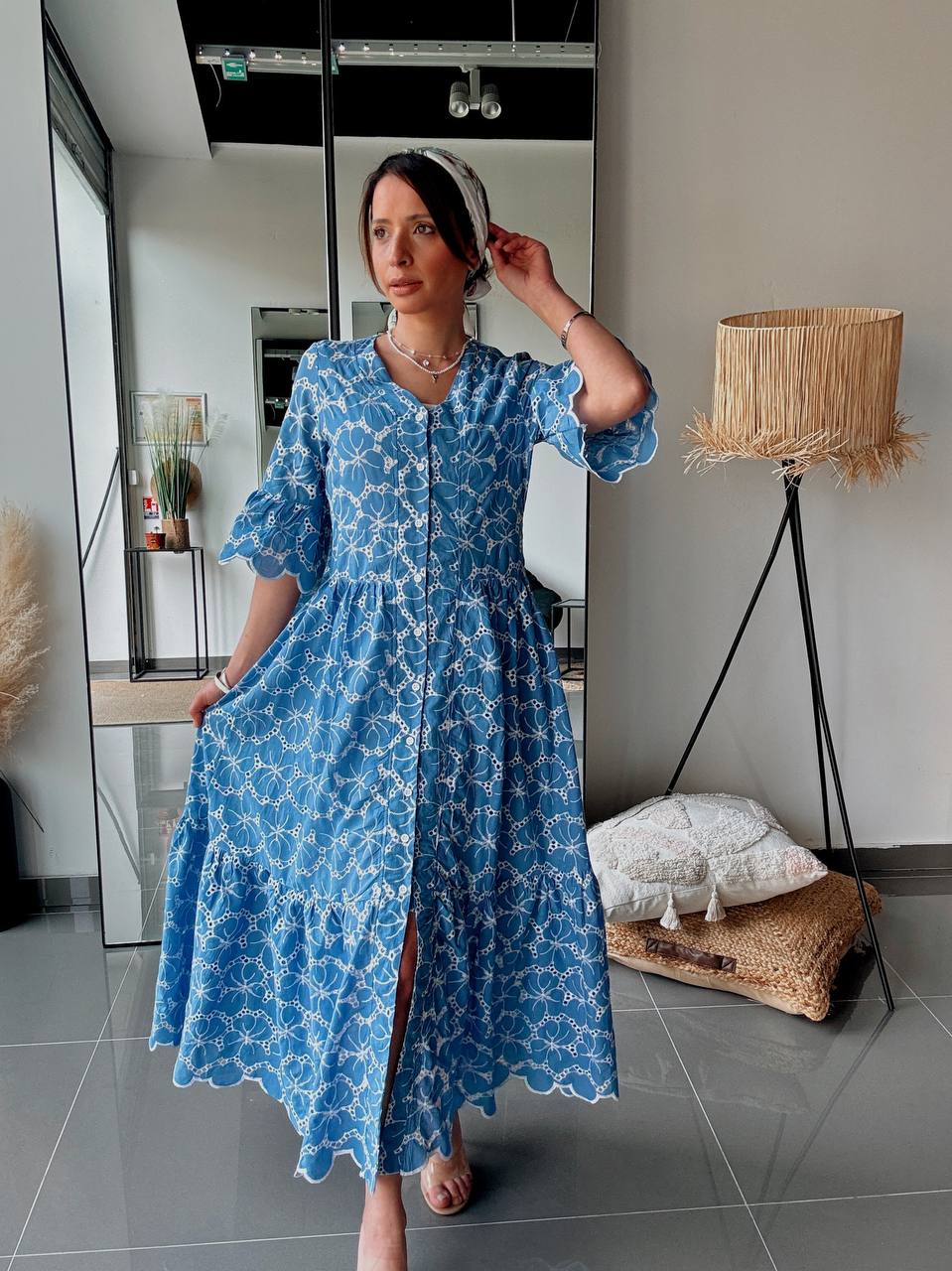 Robe Longue Bleue Bohème à Effet Broderie - Fenomen Paris