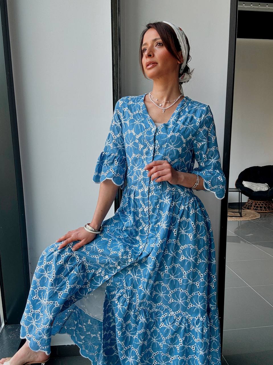 Robe Longue Bleue Bohème à Effet Broderie - Fenomen Paris