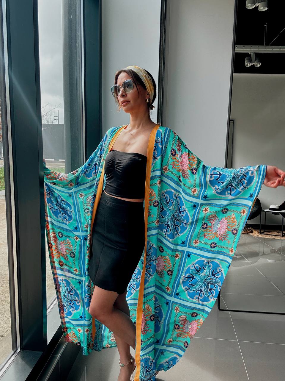 Kimono long imprimé bleu – Coupe fluide oversize - Fenomen Paris