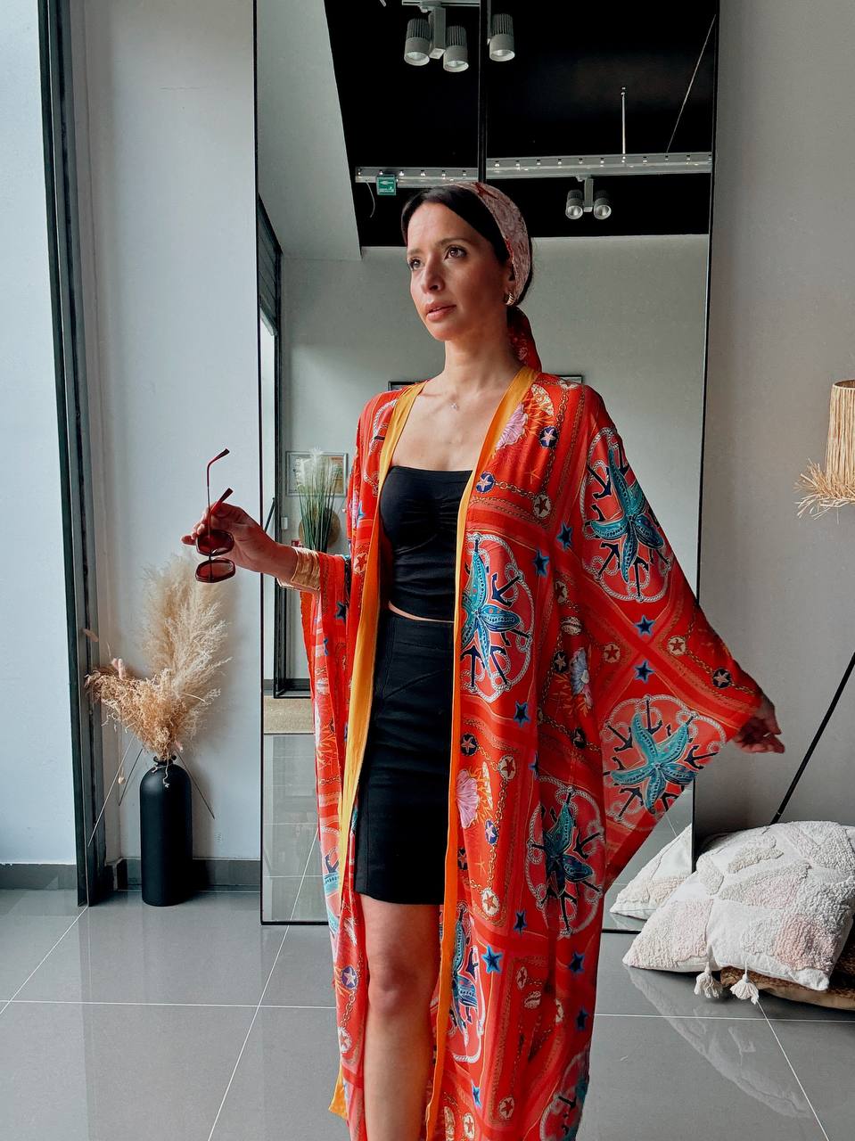 Kimono long imprimé rouge – Style bohème fluide oversize - Fenomen Paris